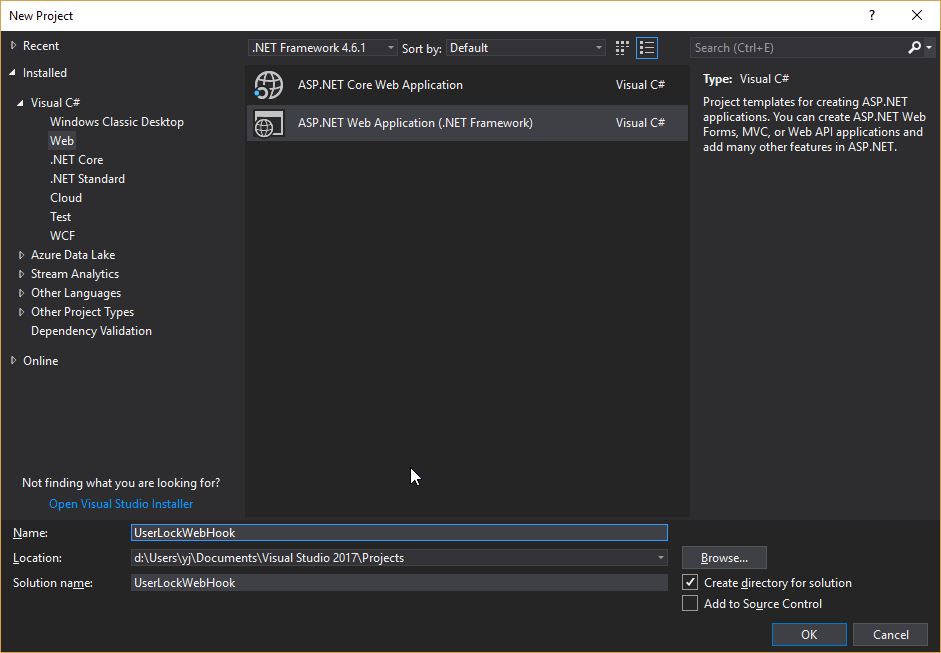 创建userlockwebhook mvc Web应用程序 创建userlockwebhook mvc Web应用程序